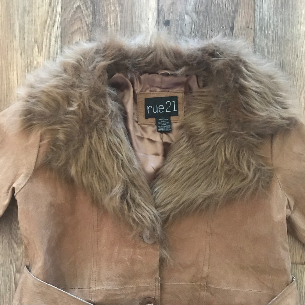 Rue21 Women Jacket Genuine Leather Faux Fur Brown - Picture 2 of 8